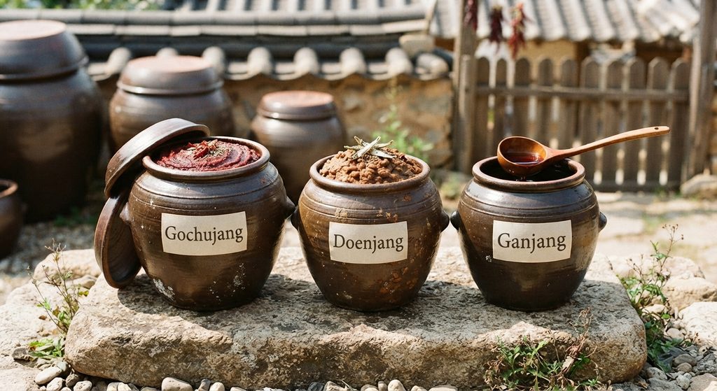 Gochujang doenjang, and soy sauce in earthenware jars